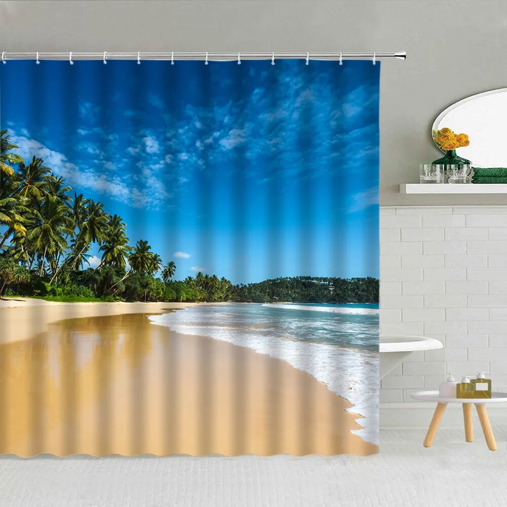 Seaside Beach Waves Coconut Tree Scenery Shower Curtain Ocean Landscape