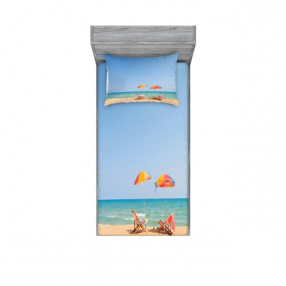 Seaside Bedding Set with Sheet & Covers, Beach Chair Umbrella on the Beach Leisure Time Tourist Attractions Photo Print, Printed Bedroom Decor 2 Shams, 4 Sizes, Turquoise Beige, by Ambesonne