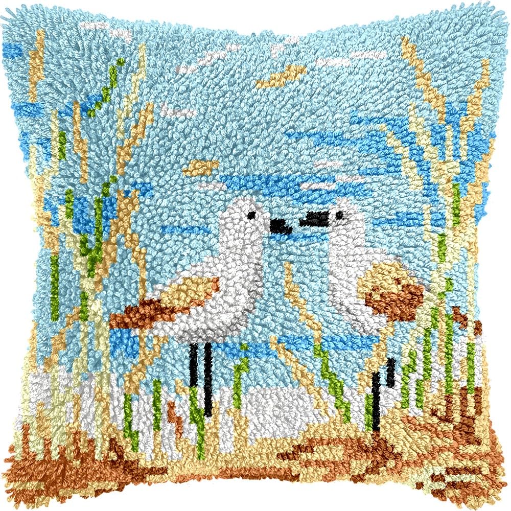 Seaside Birds Latch Hook Pillow Kits for DIY Throw Pillow Cushion Embroidery Latch Hooking Pillowcase Kits with Preprinted Canvas Crochet Yarn Kits for Home Decor 17''X 17''(d136)
