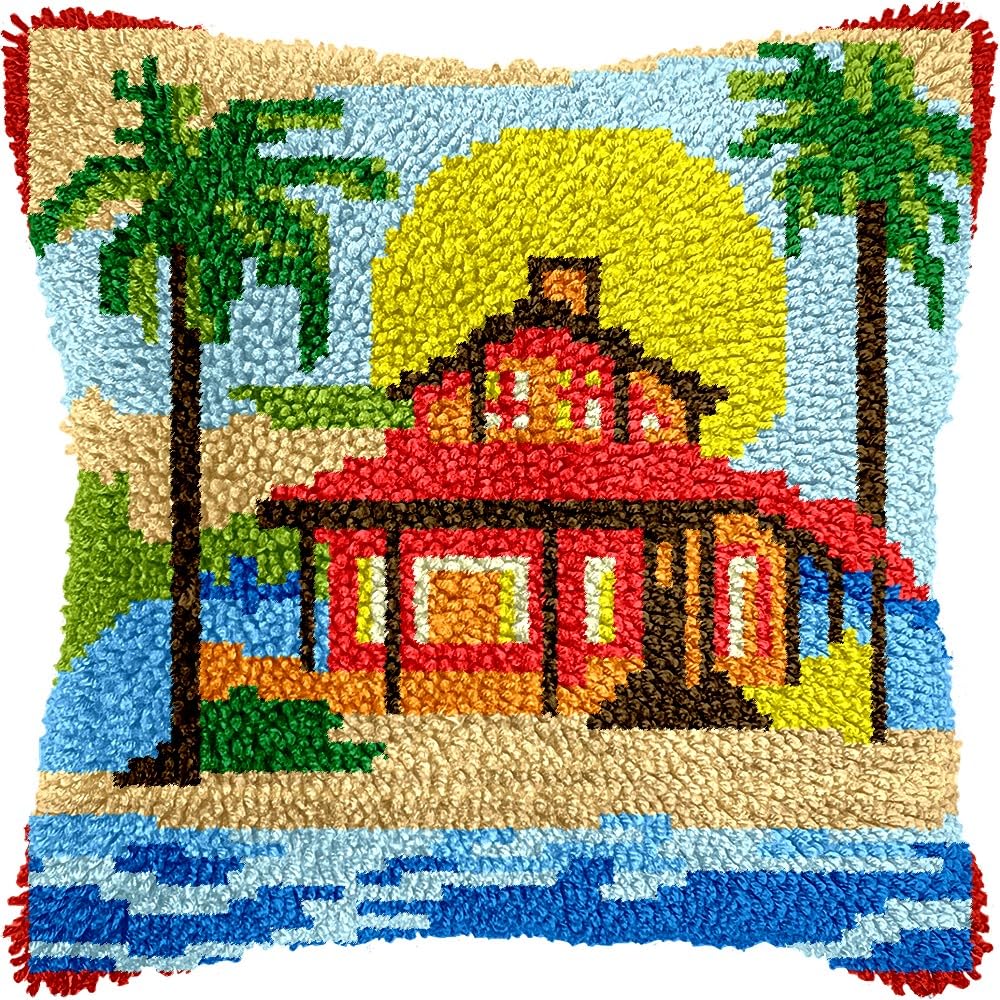 Seaside Cabin House Latch Hook Pillow Kits for DIY Throw Pillow Cushion Embroidery Latch Hooking Pillowcase Kits with Preprinted Canvas Crochet Yarn Kits for Home Decor 17''X 17''(d19)