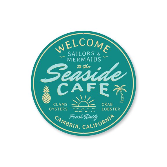 Seaside Cafe Sign, Cafe Decorative Welcome Sign, Beach Aluminum Metal Decor Sign - 12" Round
