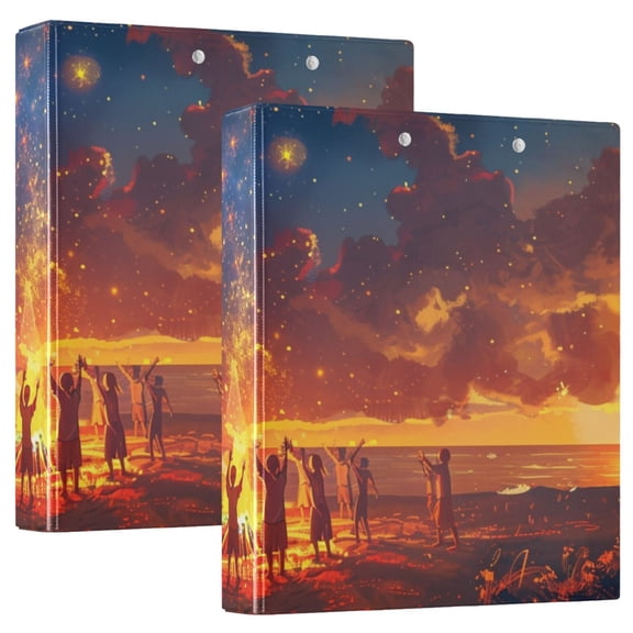 Seaside Campfire Party Starry Night Round Ring Binder 3 Rings 1.5" Capacity File Storage for A4 Size 2 Pack
