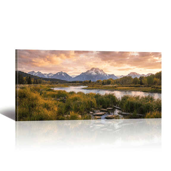 Seaside Canvas Wall Art - Large Golden Sunset Mountain Coast Picture Prints Horizontal Warm Nature Landscape Artwork Painting for Living Room Bedroom Home Decor