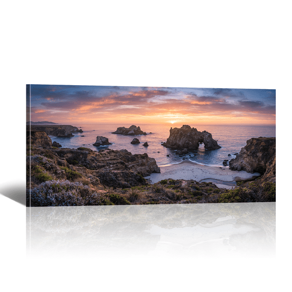 Seaside Canvas Wall Art - Large Golden Sunset Mountain Coast Picture Prints Horizontal Warm Nature Landscape Artwork Painting for Living Room Bedroom Home Decor
