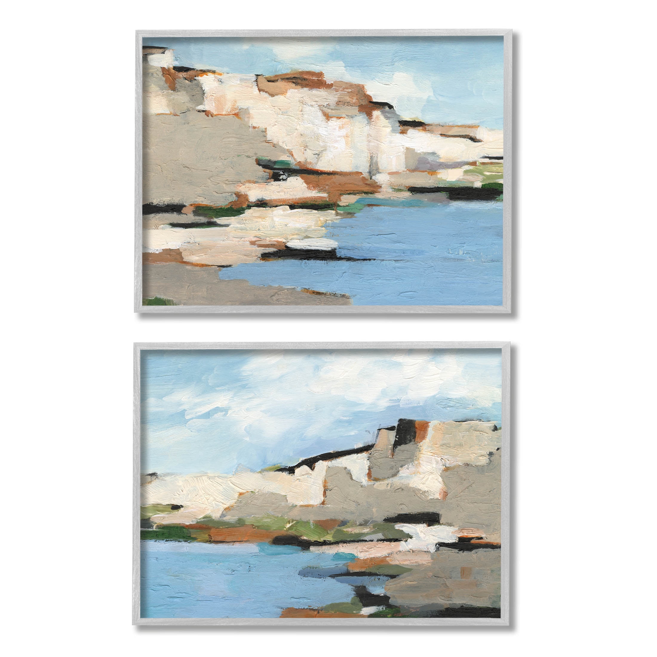 Seaside Cliff Modern Landscape Landscape Painting Gray Framed Art Print Wall Art, Set of 2