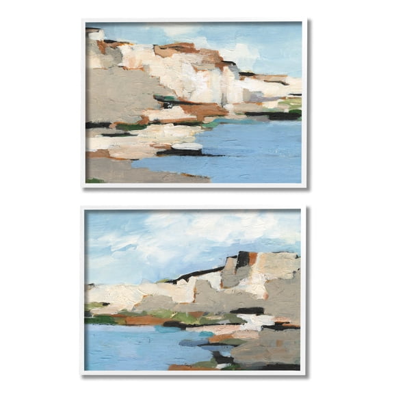 Seaside Cliff Modern Landscape Landscape Painting White Framed Art Print Wall Art, Set of 2