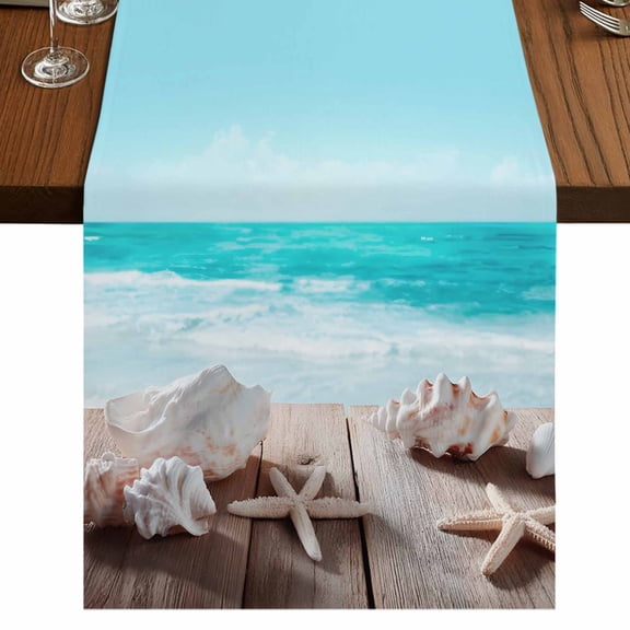 Seaside Coastal Burlap Cotton Table Runner 13x36 Inches Short, Summer Beach Conch Starfish Ocean Wave Farmhouse Table Runners, Outdoor Dining Tablecloths Decor for Baby Shower/Party/Wedding