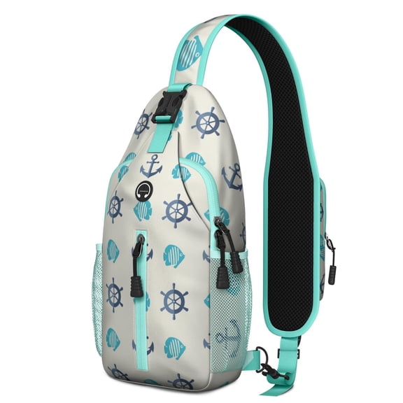 Seaside Coastal Nautical Sling Bag Featuring Marine Anchors, Map, and Tropical Summer Print, Lightweight Crossbody Backpack, Adjustable Strap, Durable for Outdoor Activities and Sailing