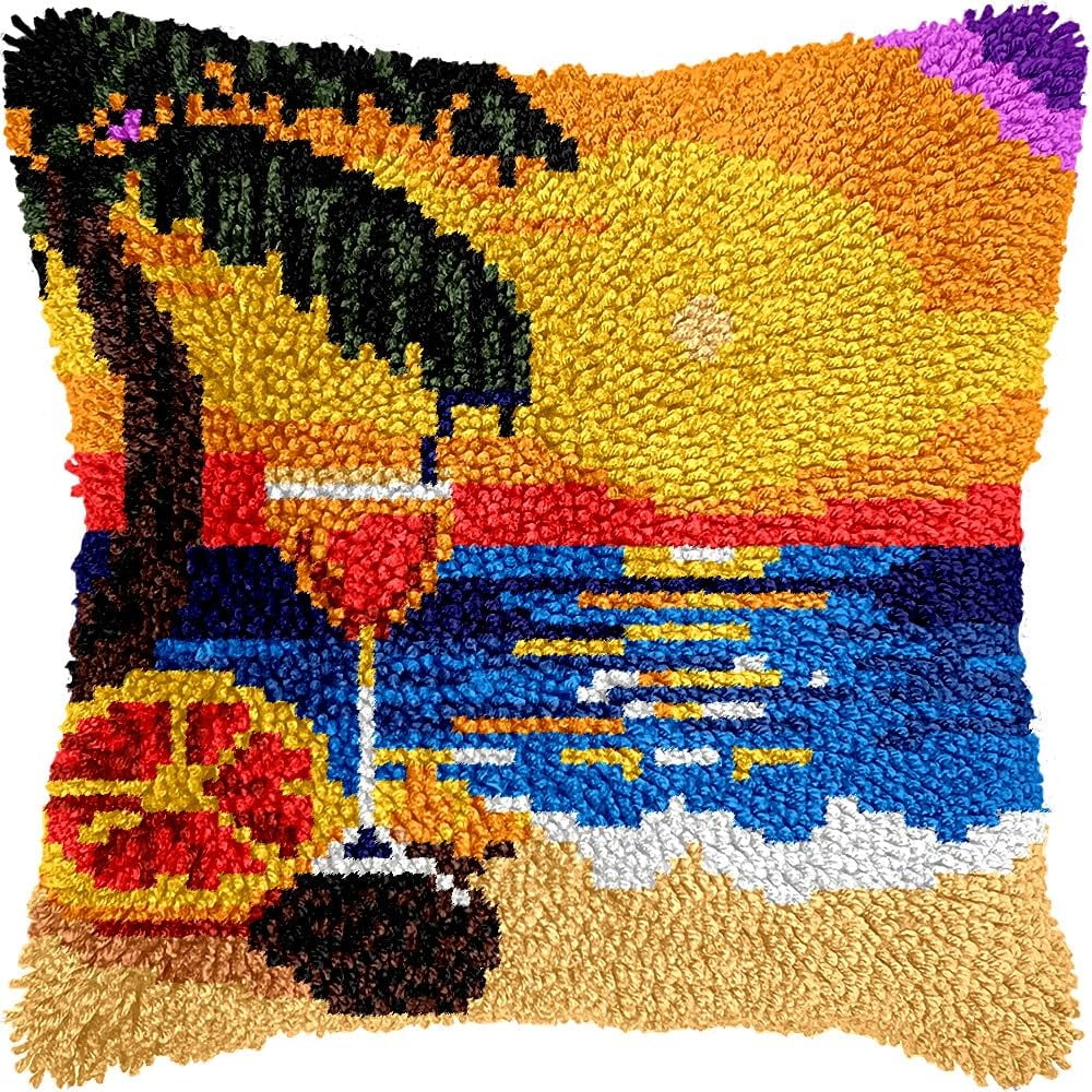 Seaside Cocktail Latch Hook Kits Pillow kits Cushion Throw Pillow Embroidery Craft Kits DIY Kits of DIY Hooking Pillowcase Cover Supplier with Color Printed Canvas 43x43cm (234)