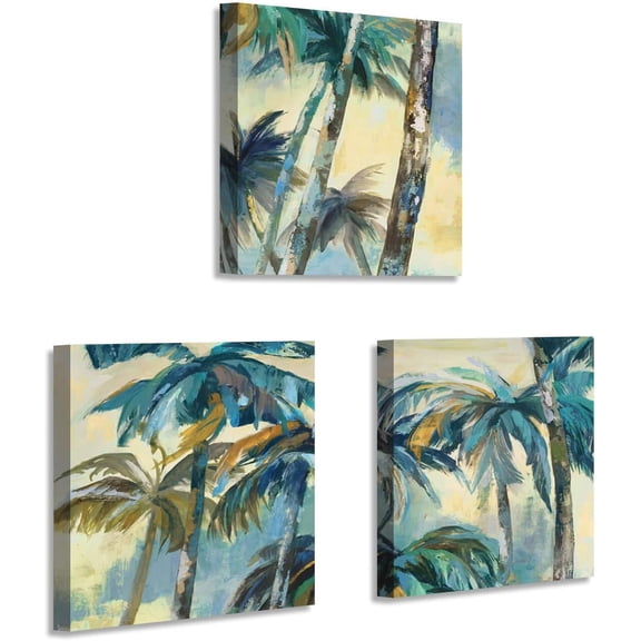 Seaside Coconut Palm Wall Art: Coastal Tropical Abstract Trees Artwork Reproduction Painting Print Canvas Pictures for Bedroom (16" W x 16" H x 3 PCS,Multi-Sized)