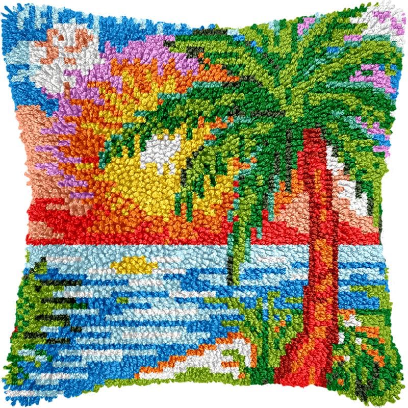 Seaside Coconut Tree Latch Hook Pillow Kits Cushion Pillowcase with Pattern Printed Canvas Sofa Hooking Pillows Crafts Embroidery Latch Hooking Crochet Kits 17x17 inch(150)