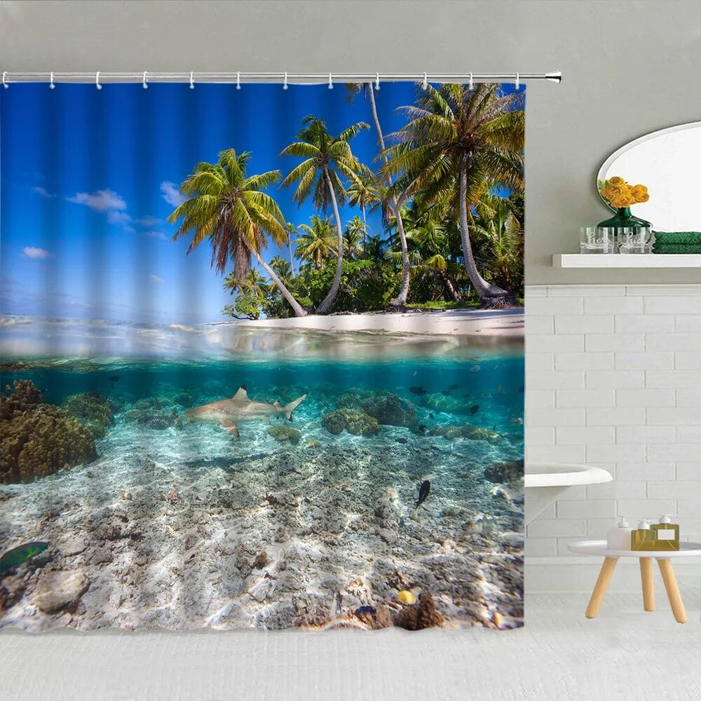 Seaside Coconut Tree Scenery Shower Curtain Waves Beach Ocean Landscape