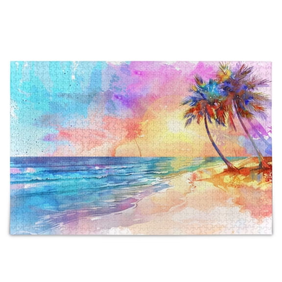 Seaside Coconut Trees Beach Watercolor Jigsaw Puzzles 500-Piece Educational Toys Challenging Games for Adults