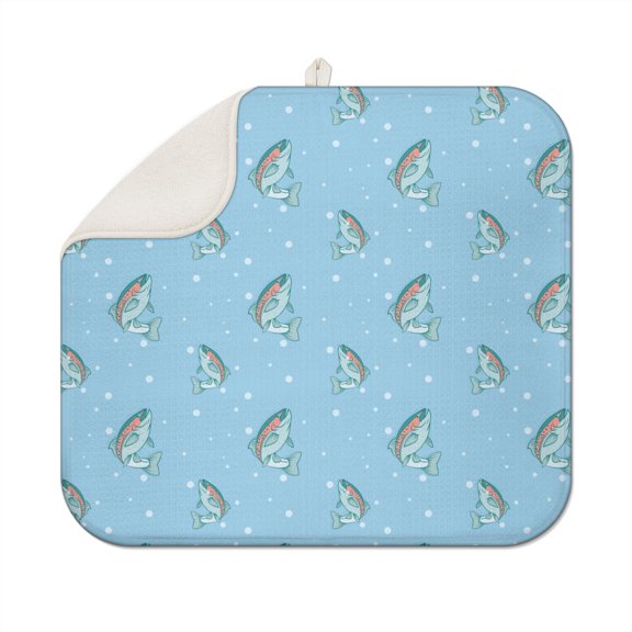 Seaside Coral Tropical Fish Drying Mat - 3-Layer Thick Absorbent Kitchen Mat, Machine Washable & Compact Foldable Dish Rack Pad for Countertop, Summer Beach Design (18"x16")