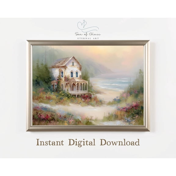 Seaside Cottage Vintage Beach House Coastal Art Soft Floral Pastel Ocean Wall Decor, Unframed Paper Print