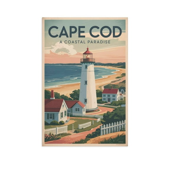 Seaside Cottages Classic Poster Retro Cape Cod Cityscape with Sand & Ocean Views Canvas Poster