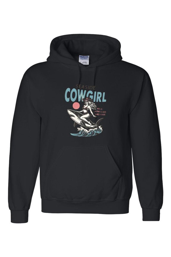 Seaside Cowgirl Riding A Shark Retro Beach Graphic Design Hoodie