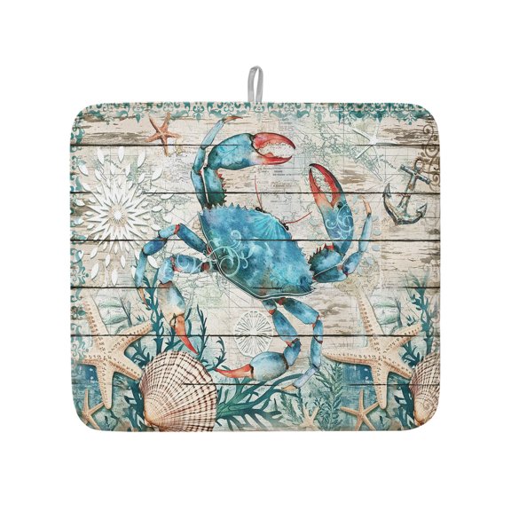Seaside Crab Starfish Shell Nautical Anchor Dish Drying Mats for Kitchen Counter,Absorbent Microfiber Dish Drainer Rack Mat Farm Vintage Wood Board Drying Pad for Sinks,Utensils,Countertops,16x18in