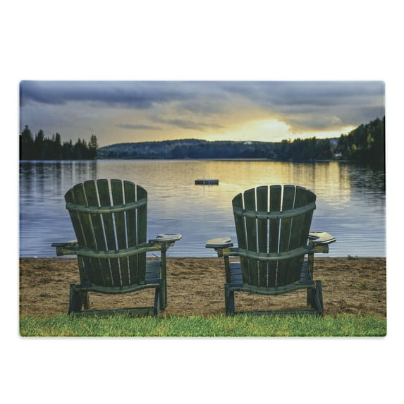 Seaside Cutting Board, 2 Wooden Chairs on Relaxing Lakeside at Sunset Algonquin Provincial Park Canada, Decorative Tempered Glass Cutting and Serving Board, Large Size, Navy Green, by Ambesonne
