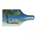 thumbnail image 1 of Seaside Cutting Board, Relaxing Scene on Vacation Beach Palm Tree Chairs and Boats Panoramic Picture, Decorative Tempered Glass Cutting and Serving Board, Wine Bottle Shape, Green Blue, by Ambesonne, 1 of 1