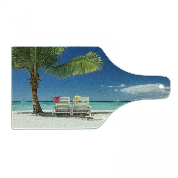 Seaside Cutting Board, Relaxing Scene on Vacation Beach Palm Tree Chairs and Boats Panoramic Picture, Decorative Tempered Glass Cutting and Serving Board, Wine Bottle Shape, Green Blue, by Ambesonne