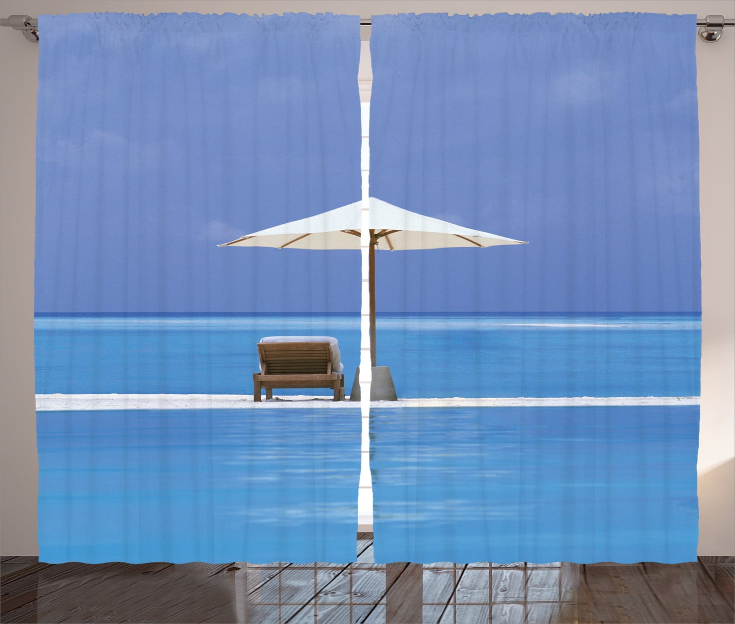 Blue Beach Scene Polyester Rod Pocket Curtain Panels