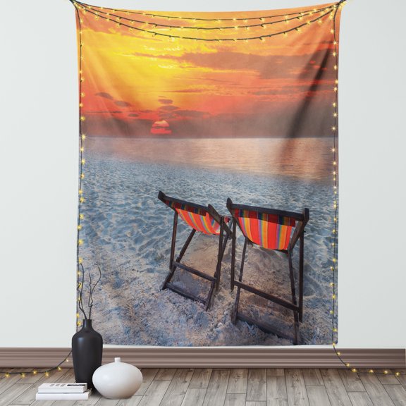 Seaside Decor Wall Hanging Tapestry, Couples Chairs on Sandy Beach with Colorful Sky Scenery Seaside Nature Picture, Bedroom Living Room Dorm Accessories, 60 X 80 Inches, by Ambesonne