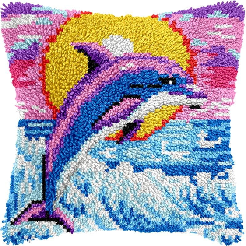 Seaside Dolphin Latch Hook Pillow Kits Cushion Pillowcase with Pattern Printed Canvas Sofa Hooking Pillows Crafts Embroidery Latch Hooking Crochet Kits 17x17 inch(115)