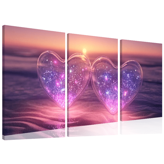 Seaside Double Heart Pattern Canvas Print 3 Piece Set, Beautiful Wall Art, Perfect Home Decoration Gift, 12x16 Inch