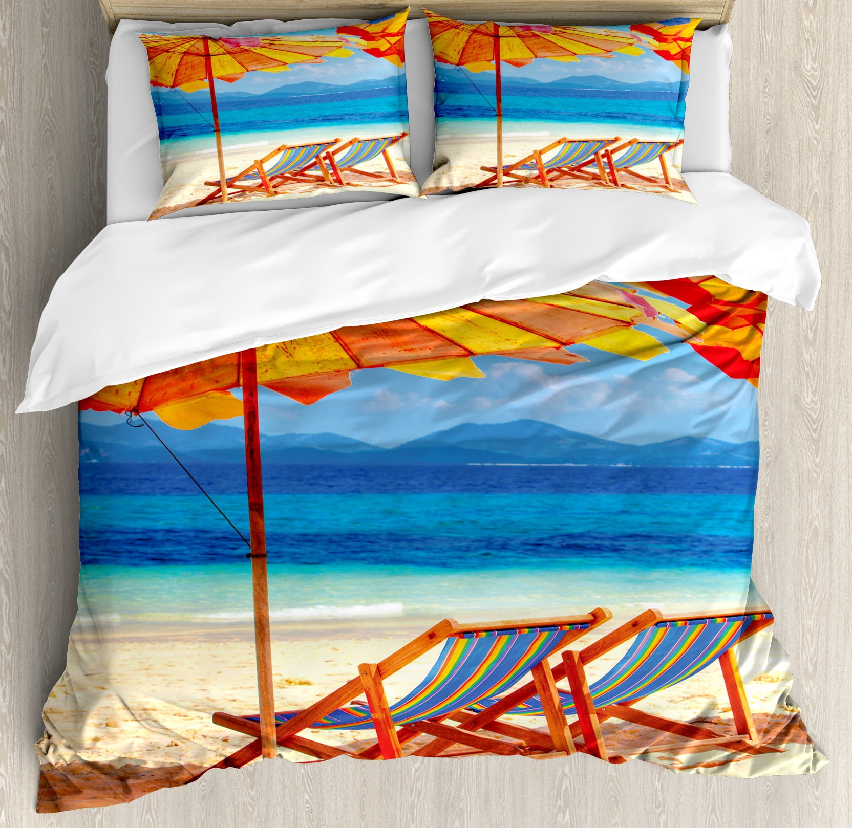 Seaside Duvet Cover Set, Deck Chairs Overlooking Tropical Sea of ...