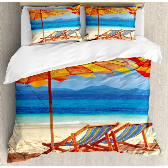 Seaside Duvet Cover Set, Deck Chairs Overlooking Tropical Sea of Thailand Beach Exotic Holiday Picture, Decorative 3 Piece Bedding Set with 2 Pillow Shams, Queen Size, Orange Blue, by Ambesonne