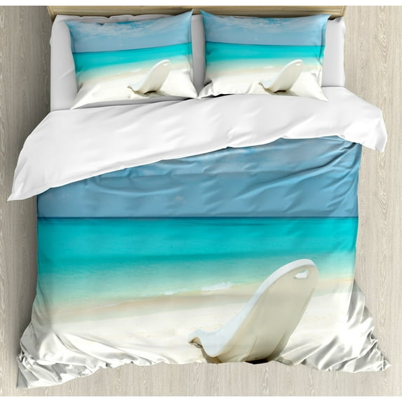 Seaside Duvet Cover Set, Maldivian Beach Sunbed at Seashore Sunny Day Travel Destination Picture, Decorative 3 Piece Bedding Set with 2 Pillow Shams, King Size, Turquoise Off White, by Ambesonne