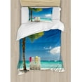 thumbnail image 1 of Seaside Duvet Cover Set, Relaxing Scene on Vacation Beach Palm Tree Chairs and Boats Panoramic Picture, Decorative 2 Piece Bedding Set with 1 Pillow Shams, Twin Size, Green Blue, by Ambesonne, 1 of 3