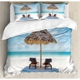 thumbnail image 1 of Seaside Duvet Cover Set, Wooden Sun Loungers Facing Eastern Ocean Under a Thatched Umbrella in Zanzibar, Decorative 3 Piece Bedding Set with 2 Pillow Shams, Queen Size, Turquoise Cream, by Ambesonne, 1 of 3