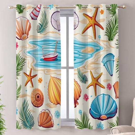 Long Valance Seaside Elements Blackout Window Curtains, Beach Themed Thermal ...