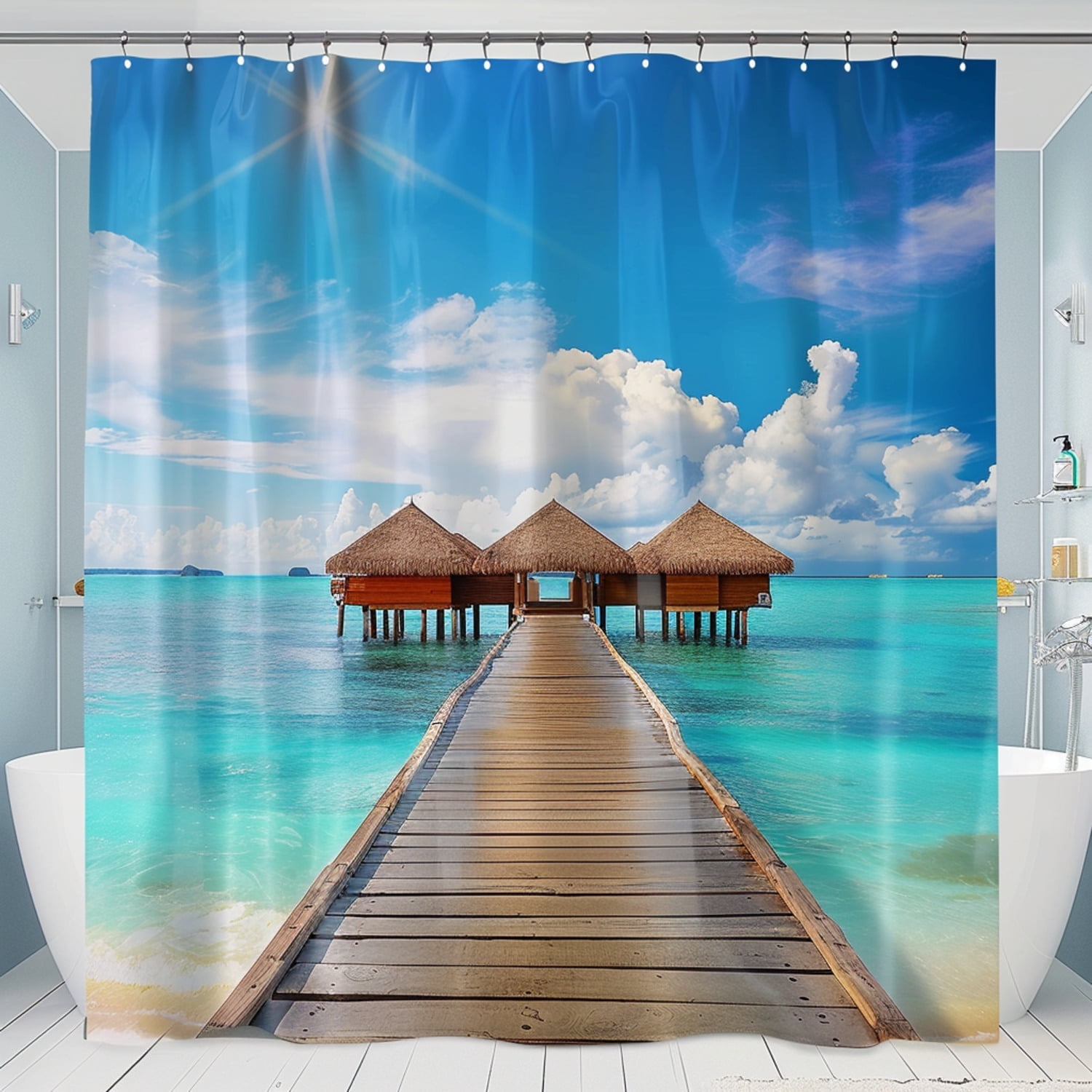 Seaside Escape Shower Curtain Beach Hut Pier Design Relaxing Summer ...