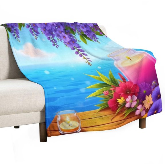 Seaside Floral Candle Scene Throw Blanket Warm Microfiber Flannel Bedroom Decor Blankets For Beds