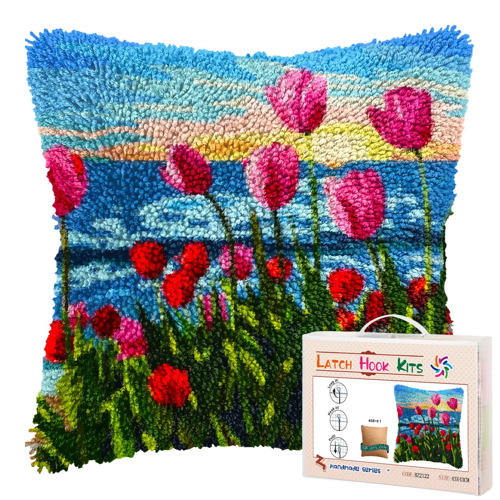 Seaside Flower Tulips Sunset DIY Latch Hook Pillow Kits for Adults Printed Pillowcase Crochet Yarns Hooking Handmade Pillow Cover Cushion for Home Sofa Decoration 17x17inch(2)