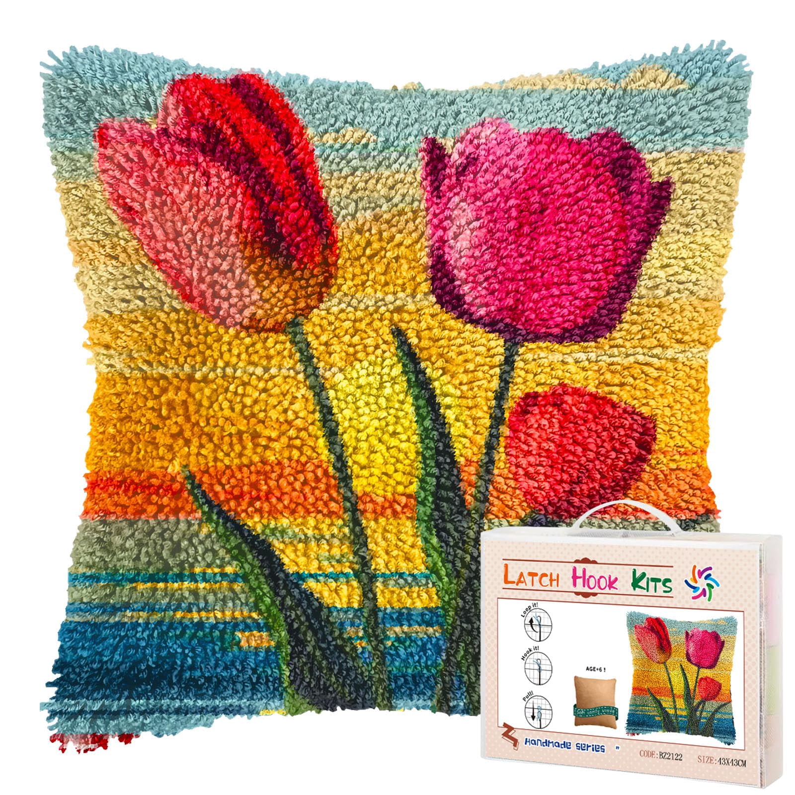Seaside Flower Tulips Sunset DIY Latch Hook Pillow Kits for Adults Printed Pillowcase Crochet Yarns Hooking Handmade Pillow Cover Cushion for Home Sofa Decoration 17x17inch(1)