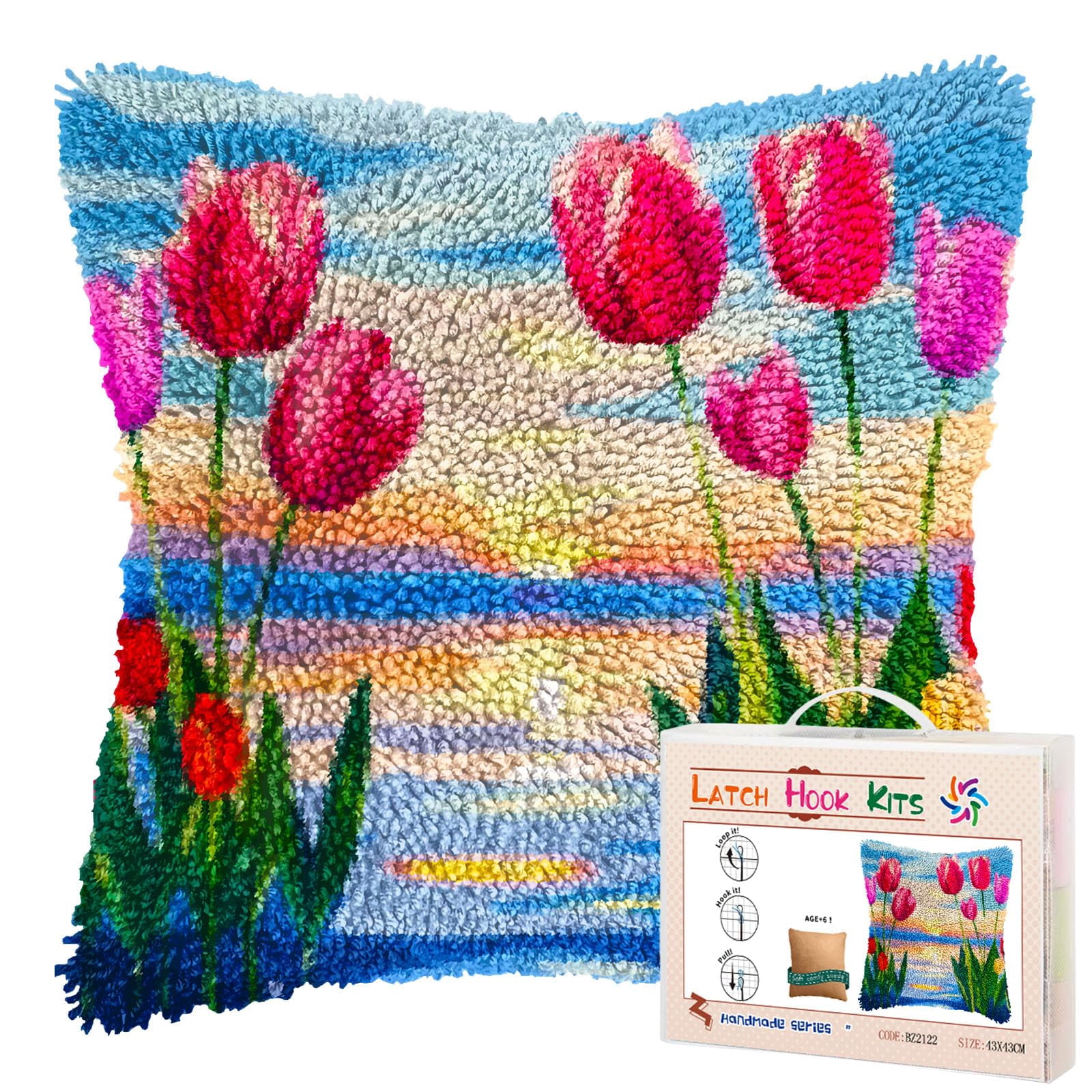 Seaside Flower Tulips Sunset DIY Latch Hook Pillow Kits for Adults Printed Pillowcase Crochet Yarns Hooking Handmade Pillow Cover Cushion for Home Sofa Decoration 17x17inch(3)