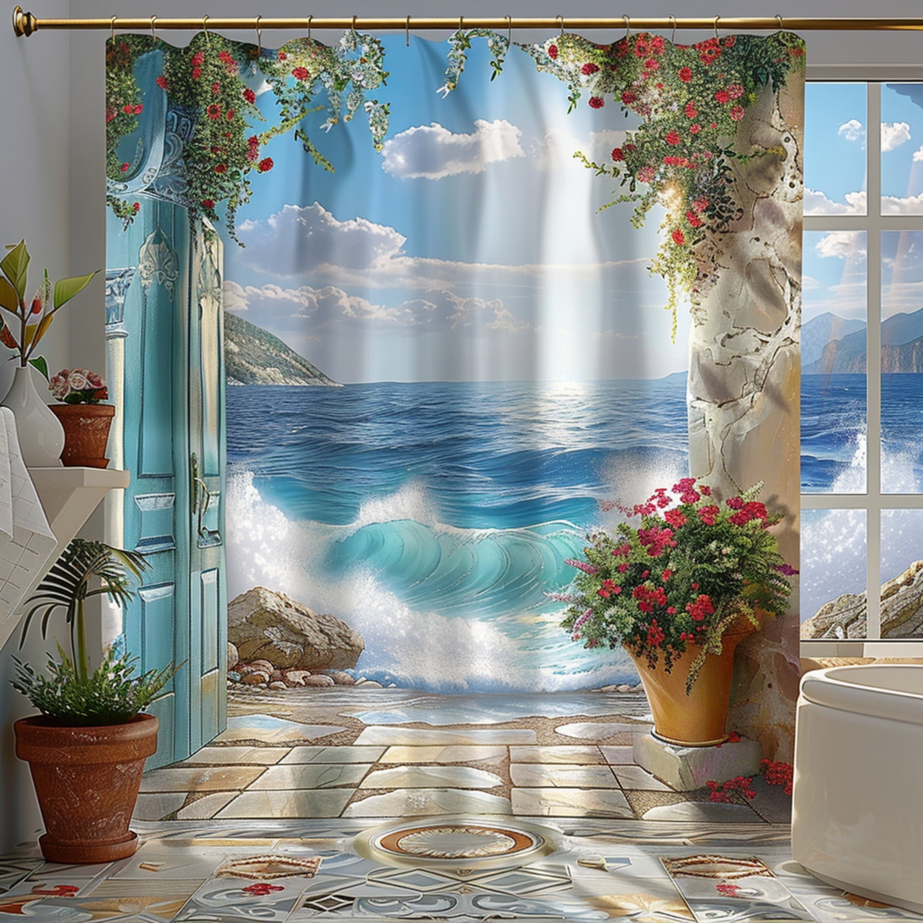 Seaside Greek Bathroom Decor with Ocean View Flowers and Waves Bright Blue Sky Theme