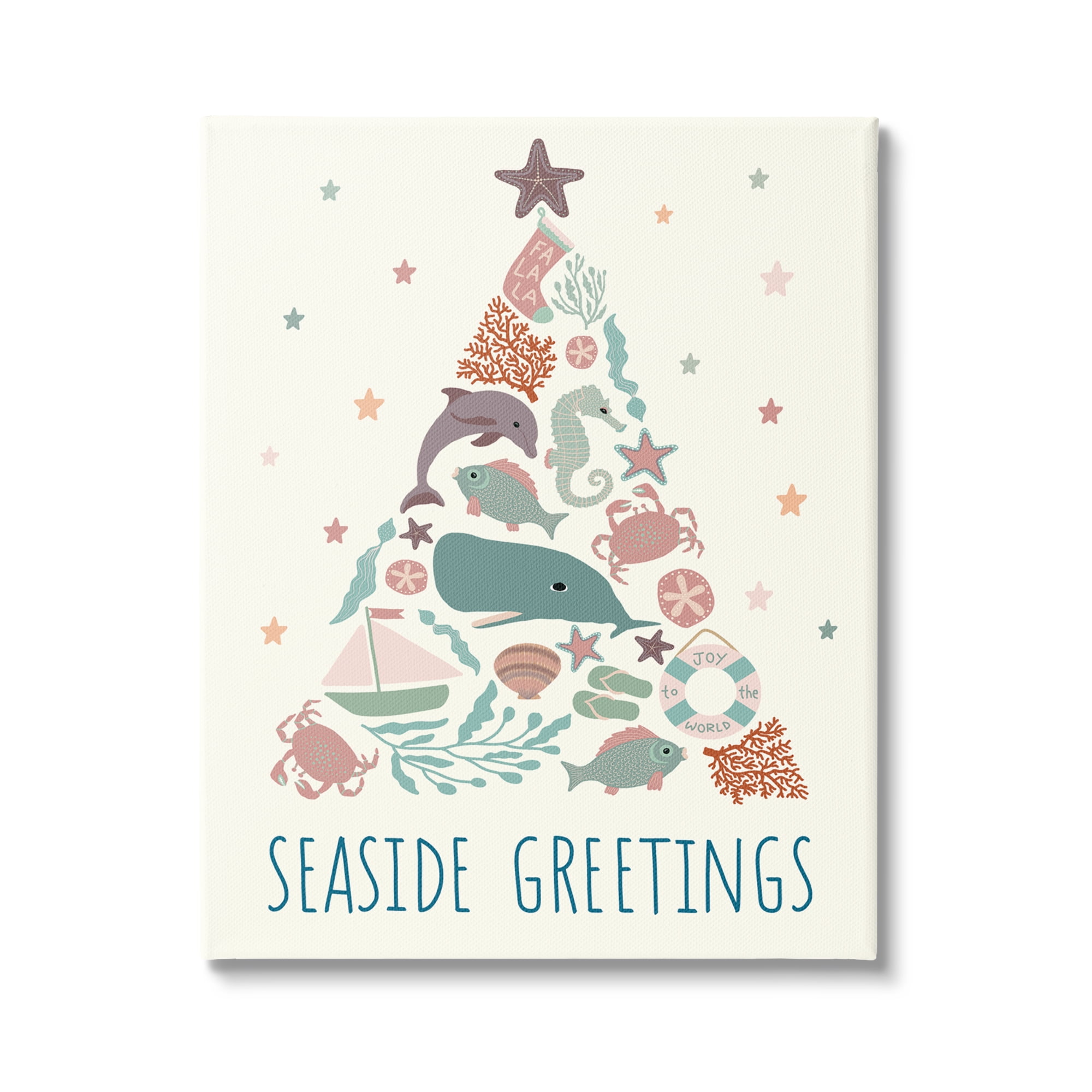 Seaside Greetings Aquatic Animals Botanicals Christmas Tree Coastal Graphic Art Gallery-Wrapped Canvas Print Wall Art