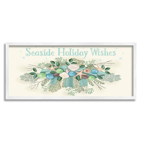 Seaside Holiday Wishes Beach Coral Seashells Arrangement Coastal Graphic Art Framed Art Print Wall Art