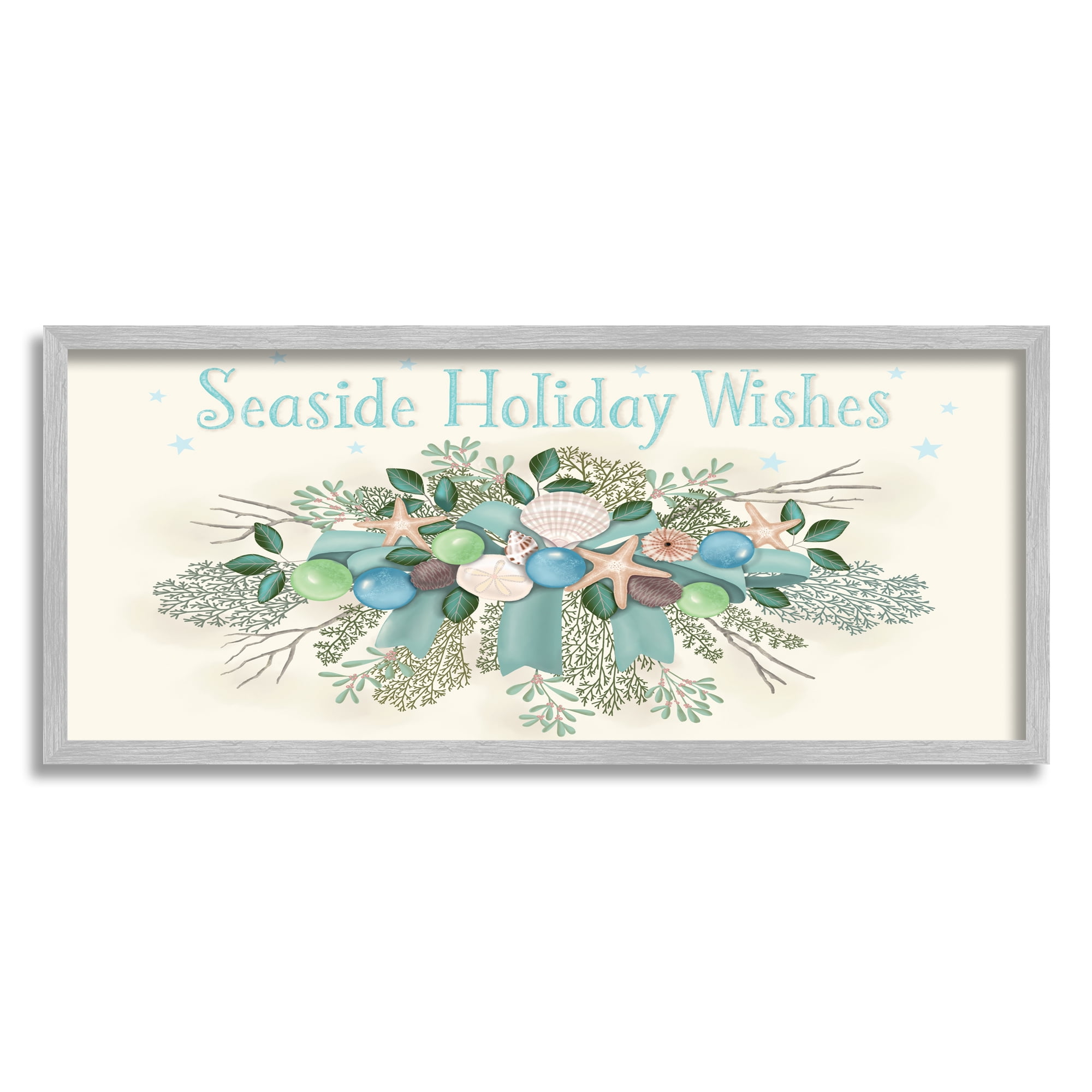 Seaside Holiday Wishes Beach Coral Seashells Arrangement Coastal Graphic Art Framed Art Print Wall Art
