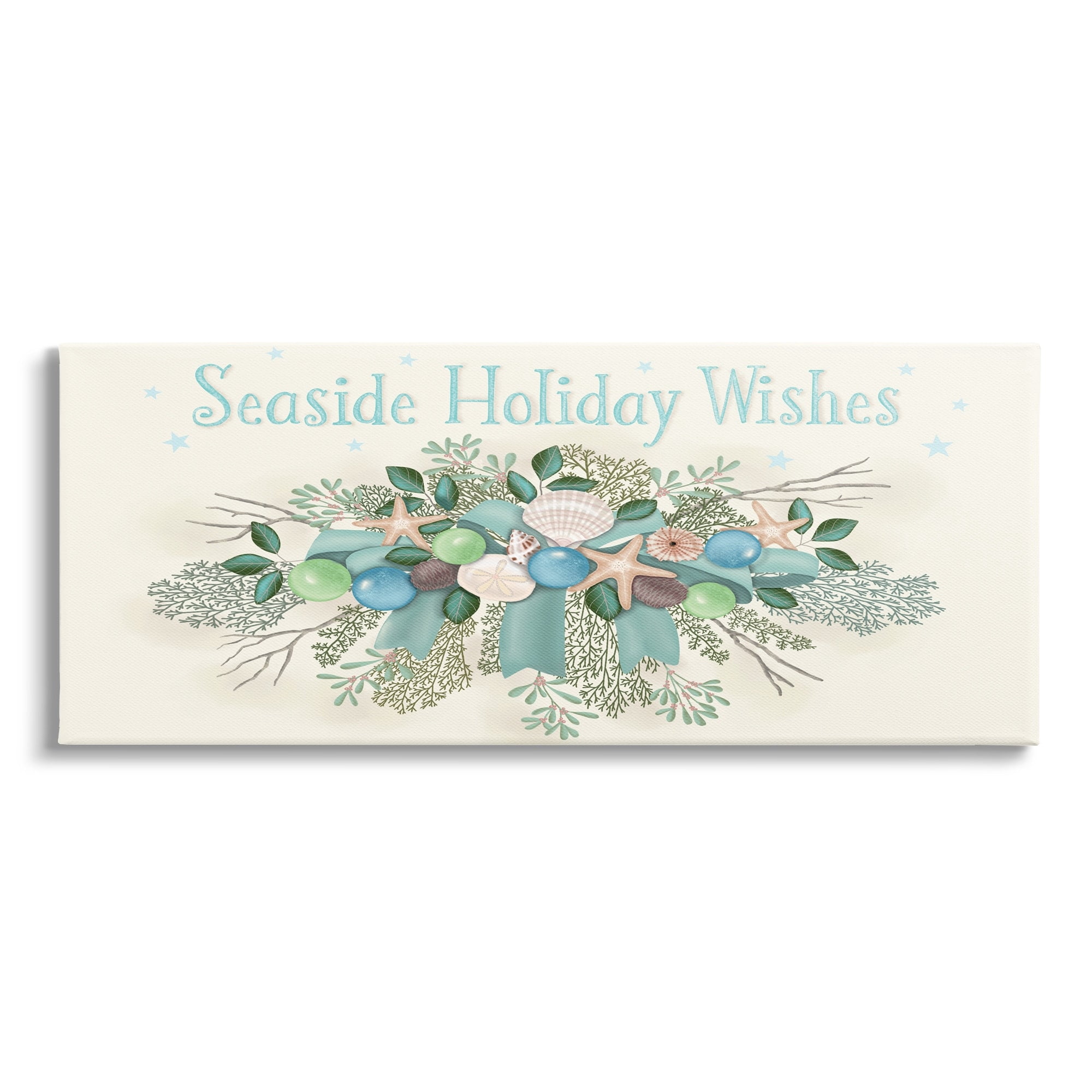 Seaside Holiday Wishes Beach Coral Seashells Arrangement Coastal Graphic Art Gallery-Wrapped Canvas Print Wall Art