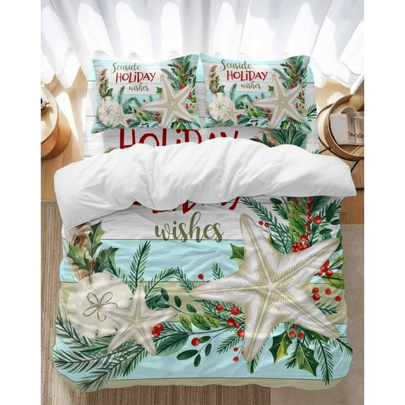 Seaside Holiday Wishes Bedding Duvet Cover Set Full Size 4 Pieces Christmas Starfish Holly Wooden Grain Bedding Set with Zipper Closure, 1 Comforter Cover 86x86 Inches 1 Flat Sheet & 2 Pillow Cases