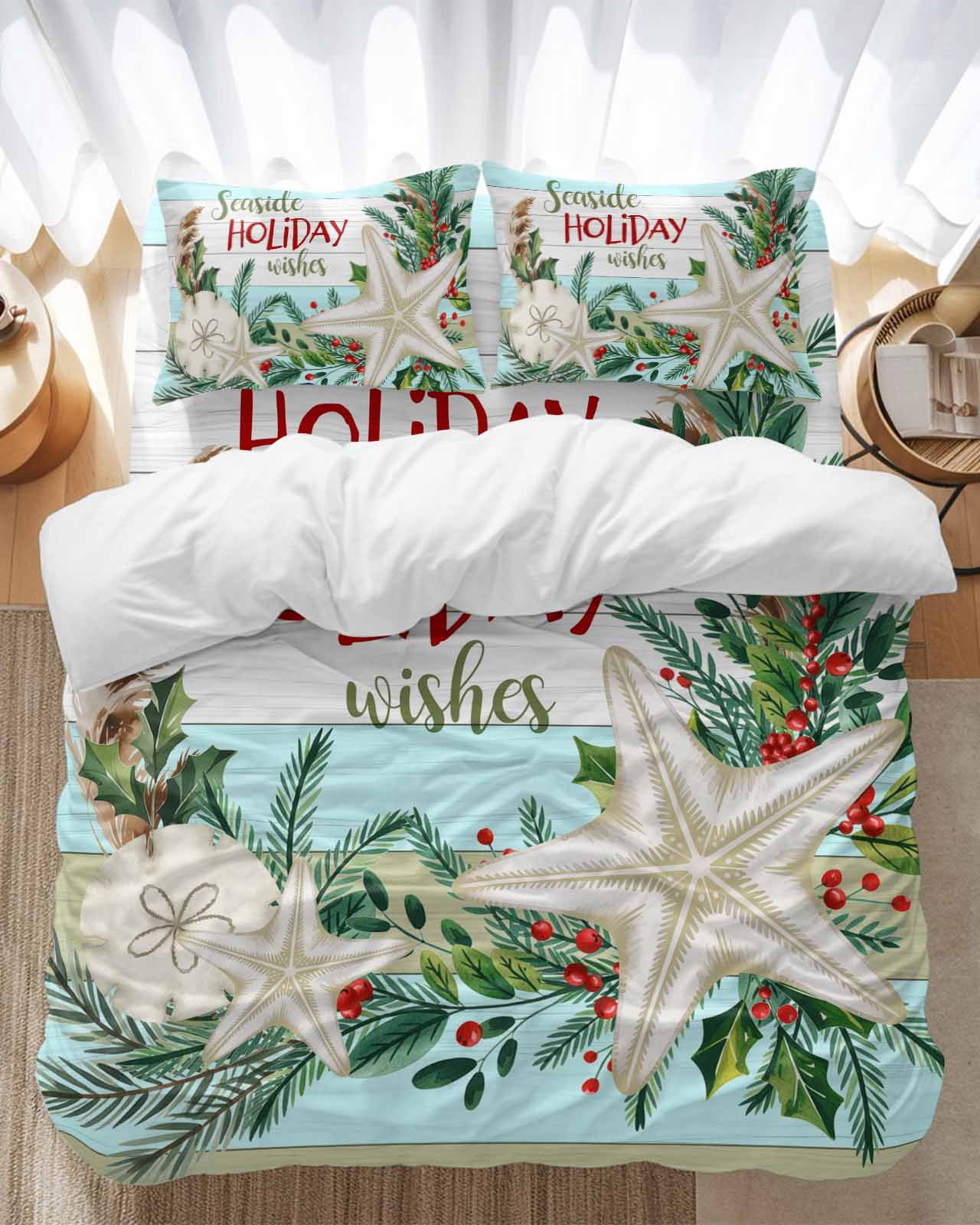 Seaside Holiday Wishes Bedding Duvet Cover Set King Size 4 Pieces Christmas Starfish Holly Wooden Grain Bedding Set with Zipper Closure, 1 Comforter Cover 92x106 Inches 1 Flat Sheet & 2 Pillow Cases