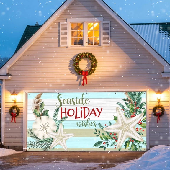 Seaside Holiday Wishes Garage Door Banner Covers, Christmas Starfish Holly Wooden Grain Large Hanging Indoor/Outdoor Backdrop Background for Christmas Winter Party Decor, 6x13 FT