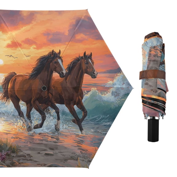 Seaside Horse Running Sunset All Weather Umbrella Triple Folding Parasol 6 Ribs UV Protection Portable
