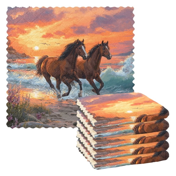 Seaside Horse Running Sunset Dish Cloths Dish Towels Cleaning Cloths Quick Drying Reusable 11" x 11" Set of 6